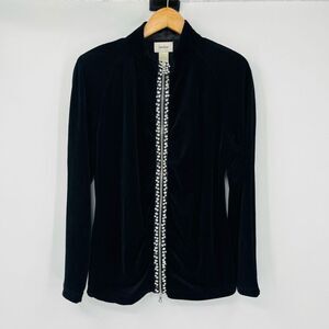 Neiman Marcus Womens Exclusive Velvet Jeweled Front Zipper Blazer Black XL